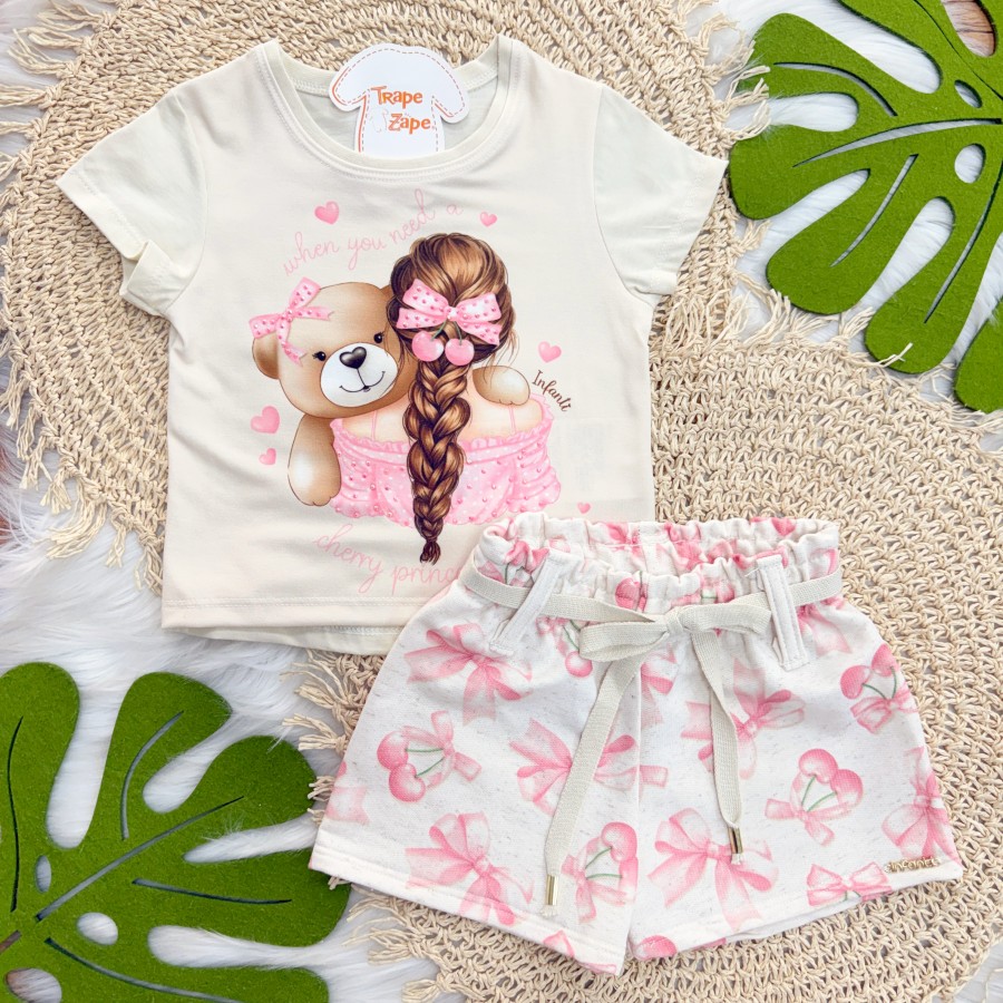  Conj. Blusa Cherry Princess Girl e Short em Linho - Areia